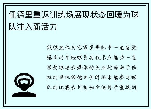 佩德里重返训练场展现状态回暖为球队注入新活力
