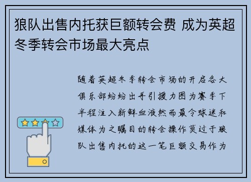 狼队出售内托获巨额转会费 成为英超冬季转会市场最大亮点