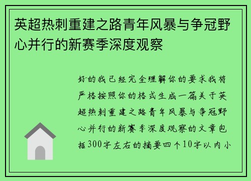 英超热刺重建之路青年风暴与争冠野心并行的新赛季深度观察