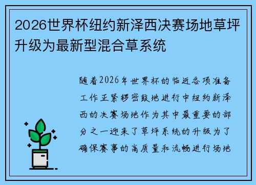 2026世界杯纽约新泽西决赛场地草坪升级为最新型混合草系统 2026世界杯纽约新泽西决赛场地草坪升级为最新型混合草系统